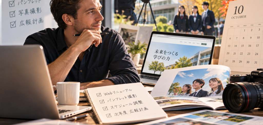 次年度のWebリニューアルやパンフレット撮影が10月から本格化。年々早まる「準備のスピード感」について